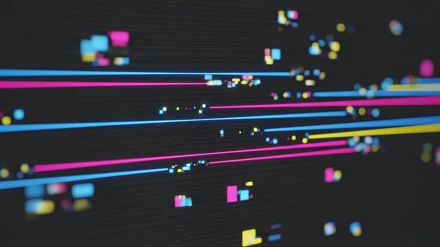 Abstract digital glitch lines on dark background.