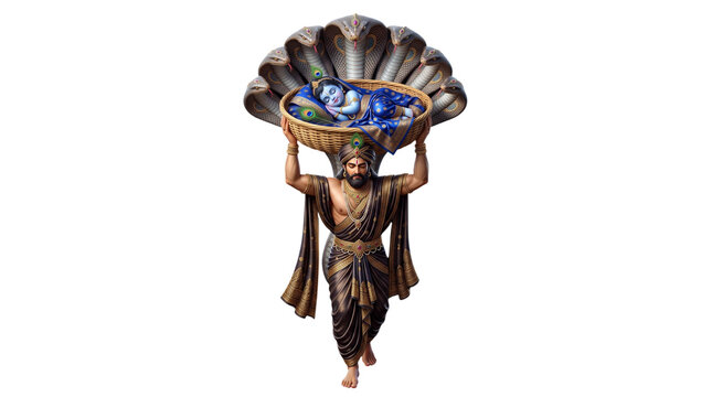 Vasudeva carrying baby krishna in a basket isolated on transparent background