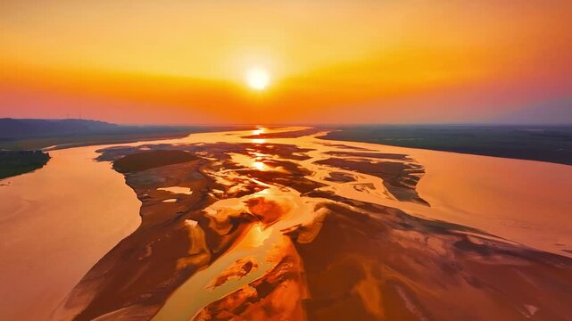 Aerial view of Yellow River at sunset, golden hour China landscape, wide drone shot of river delta and sandbars