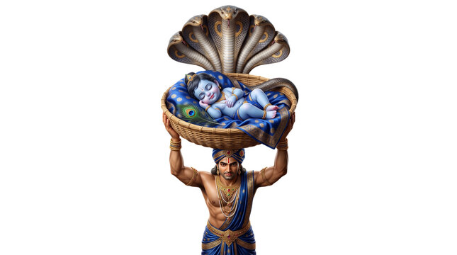 Vasudeva carrying baby krishna in a basket isolated on transparent background