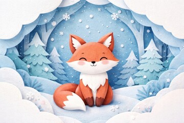 Naklejka premium Cute fox in snowy forest