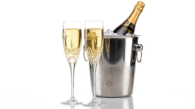 Champagne glasses with bottle in ice bucket on white background