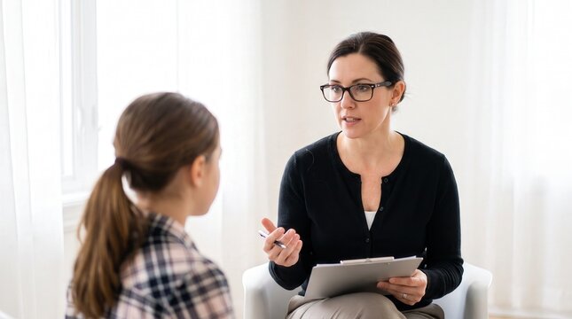 Female child psychologist in glasses consulting young girl patient in a bright clinic office for pediatric mental health services