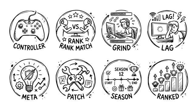 Hand drawn modern esport gaming culture icons controller rank match grind ranked lag meta patch season, black ink sketch vector illustration
