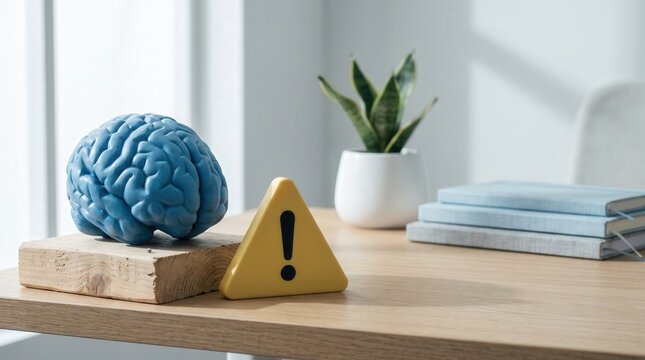 Blue Human Brain Model and Yellow Warning Exclamation Triangle on Wooden Desk in Bright Modern Office for Mental Health Alert and Cognitive Burnout Awareness