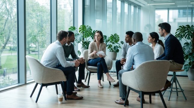 Diverse Business Team in Circle Meeting Facilitated by Female Leader in Modern Glass Office for Corporate Leadership and Teamwork Strategy