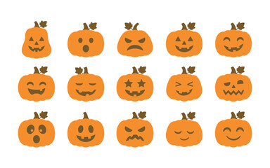 Fototapeta premium Set of cute and spooky halloween pumpkin icons with various facial expressions and emotions on white background