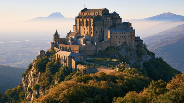 Sacra di San Michele Overlook Travel Destination with Detailed Surroundings, Italy