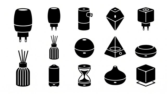 Sixteen diffuser and humidifier icons, cylindrical, spherical, pyramid, cube, hourglass, reed sticks, plug‑in types, minimalist aromatherapy representation