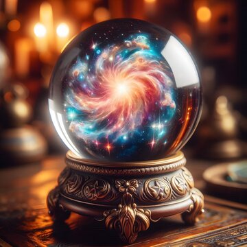 幻想的な宇宙と星雲を内包した水晶玉のクローズアップ 占いやファンタジーのイメージ AI生成イラスト