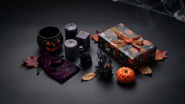 Halloween gift presentation with autumn leaves and glowing lanterns halloween decoration celebration atmospheric seasonal