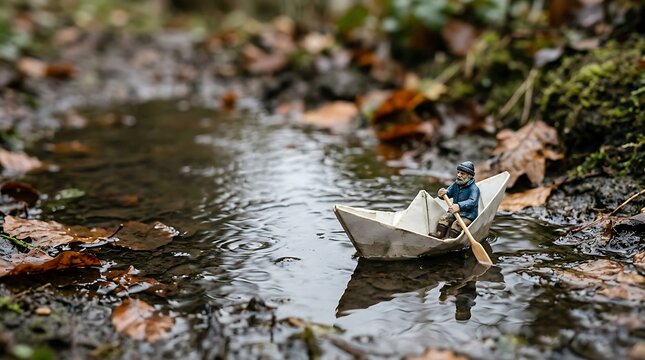 Tiny fisherman navigating a paper boat through a forest puddle