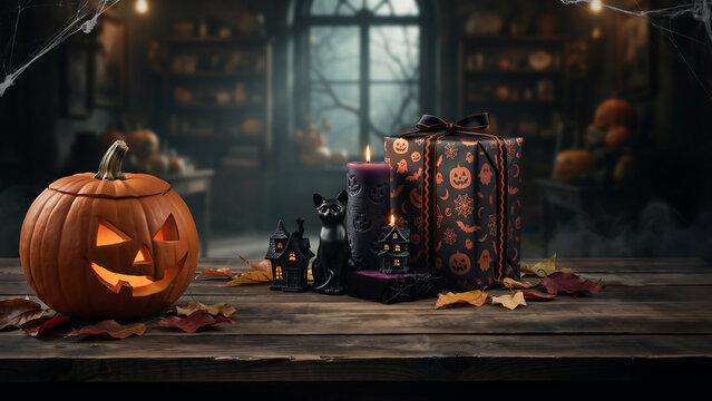 Carved pumpkin jackolantern on rustic wooden table with halloween gift boxes and decorations in cozy room black cat still life
