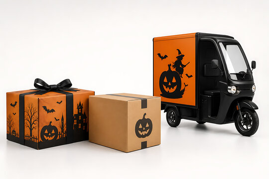 Delivery electric tricycle with halloween graphic print next to gift boxes decorated with pumpkin motifs, electric vehicle