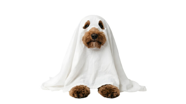 Cute dog dressed as a ghost for halloween isolated on transparent background