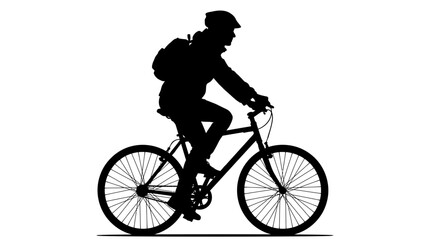 Fototapeta premium Minimalist black vector graphic silhouette showing a cyclist wearing a helmet and a backpack while riding a modern bicycle isolated against a clean white background