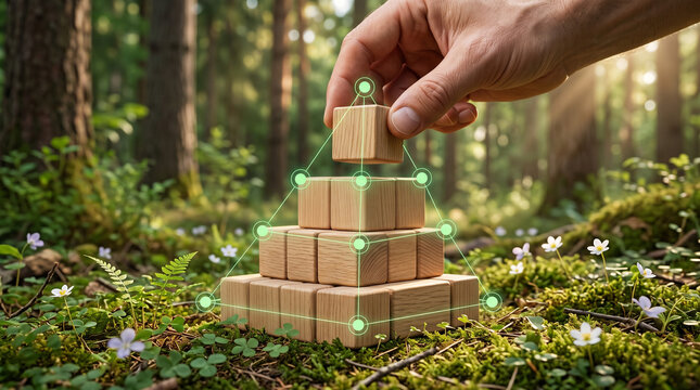  Sustainable development concept with hand stacking wooden blocks and connected green network in a natural forest ecosystem
