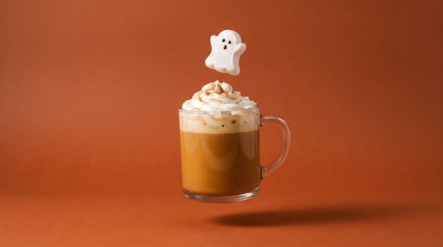 Floating Glass Mug of Pumpkin Spice Latte with Ghost Marshmallow
