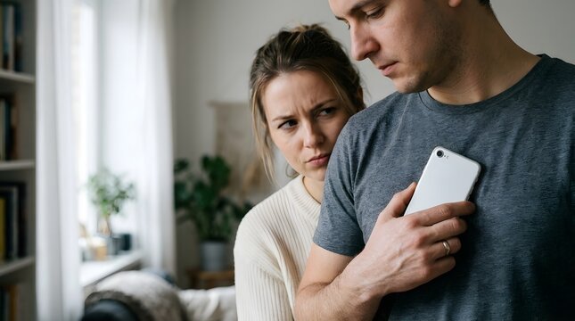 Suspicious woman looking at man holding smartphone secretly against chest during relationship conflict