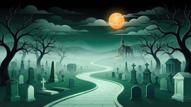 Moonlit path in a serene cemetery at dusk