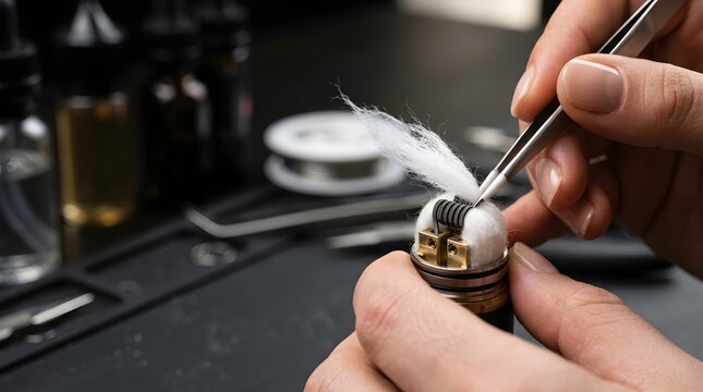 Person using tweezers to place organic cotton wick inside electronic cigarette RDA coil atomizer build