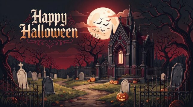 Happy halloween spooky graveyard scene with full moon