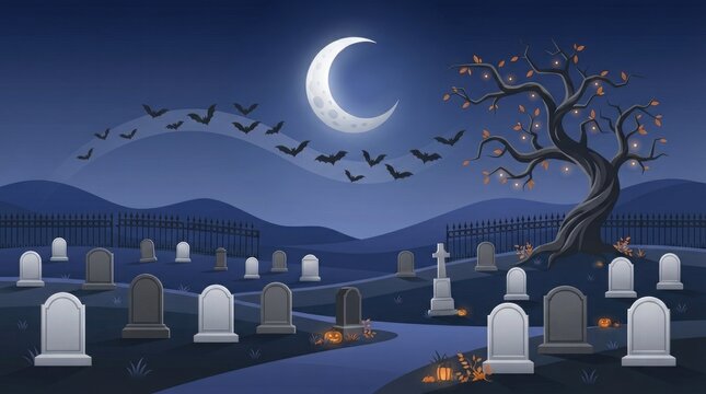 Spooky cemetery scene under moonlight with bats