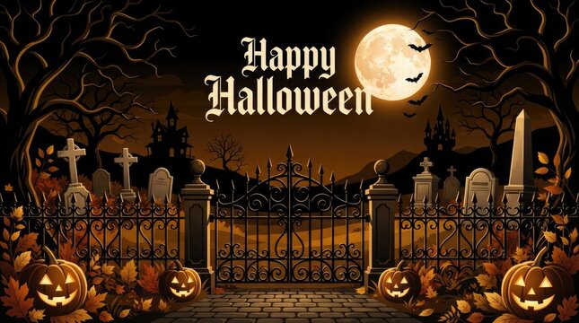 Happy halloween spooky graveyard scene with pumpkins