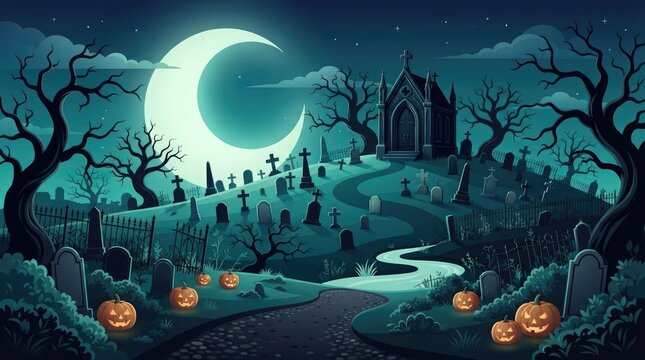 Haunted graveyard under a crescent moon at night