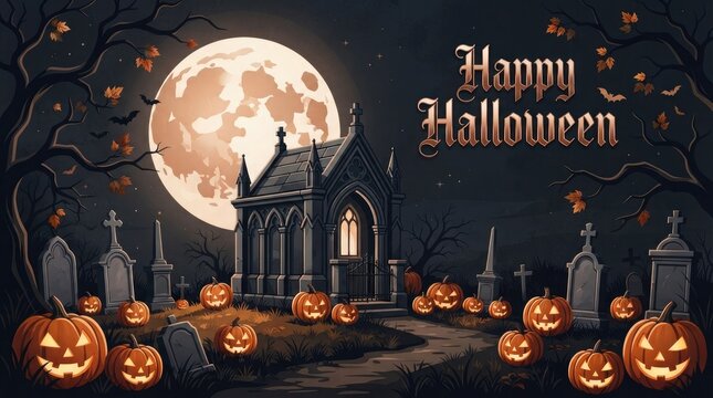 Happy halloween scene with pumpkins and haunted house
