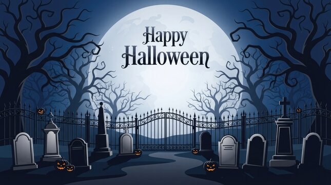 Happy halloween graveyard with full moon illustration