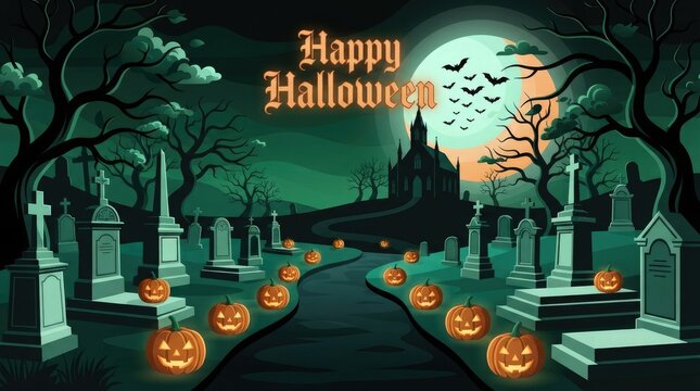 Happy halloween graveyard with jack o lanterns