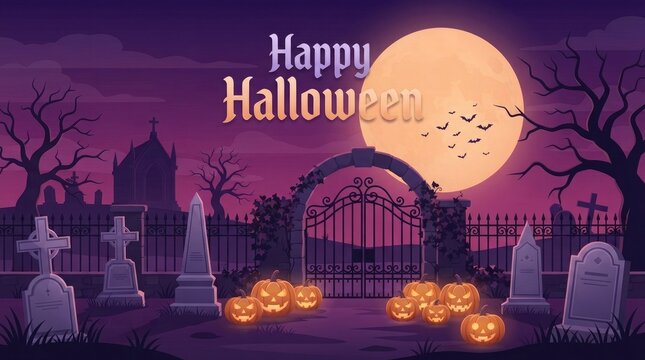 Happy halloween pixel art with moon and graveyard