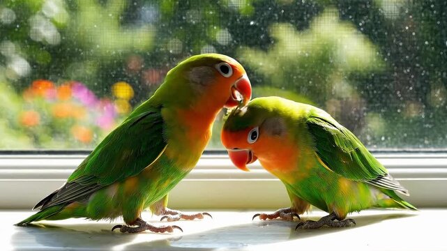 Two colorful lovebirds with vibrant green and orange plumage perched on a window sill in natural light symbolizing affection and companionship