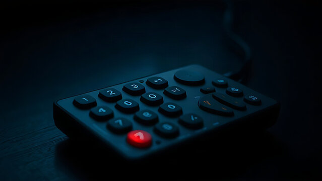 Dark television remote with unlit buttons on a table in low light, inoperable state.