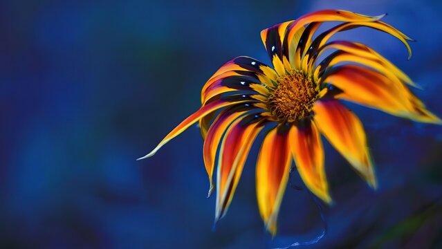 Gazania Bright Yellow Dark Striped Petals Dark Blue Background Macro Shot