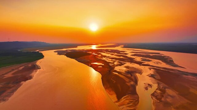Aerial view of Yellow River at sunset, golden hour China landscape, wide drone shot of river delta and sandbars