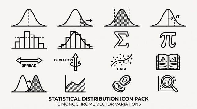 Sixteen monochrome statistical distribution icons, bell curves, histograms, sigma and pi symbols, deviation arrows, magnifying glass chart, data visualization pack