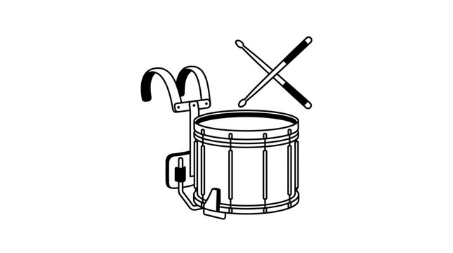 A line art illustration of a marching snare drum with a harness and drumsticks.