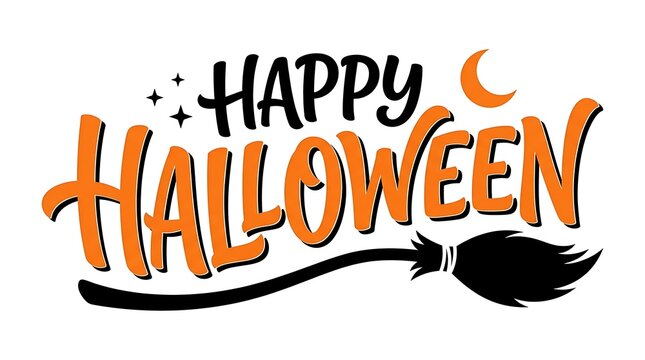 Happy halloween orange lettering with broomstick graphic halloween broomstick