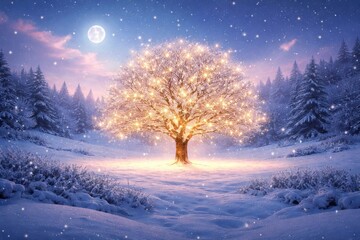 Obraz premium Enchanted tree in snowy landscape.