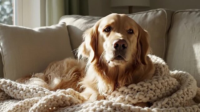 Golden Retriever dog relaxing on a comfortable couch snuggled under a chunky knit blanket in warm sunlight embodying domestic comfort and pet companionship
