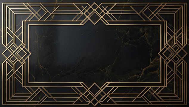 A dark, rectangular frame surrounds a marbled surface. The frame is adorned with intricate, geometric gold patterns.