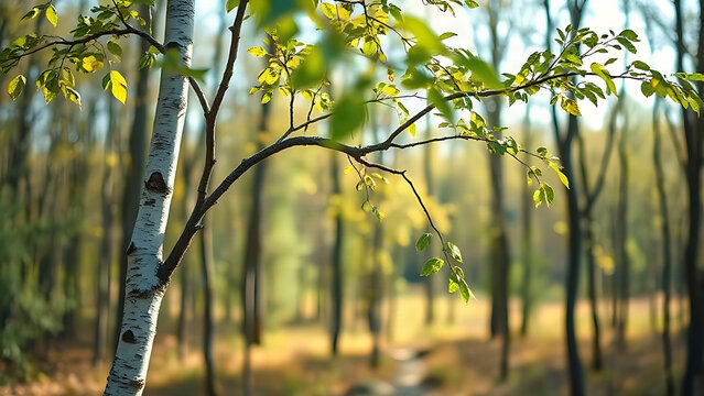 Young birch tree bending gracefully in the wind under soft morning light.