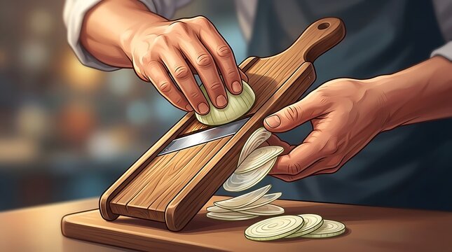 Hands of a chef slicing a fresh onion with a wooden mandoline