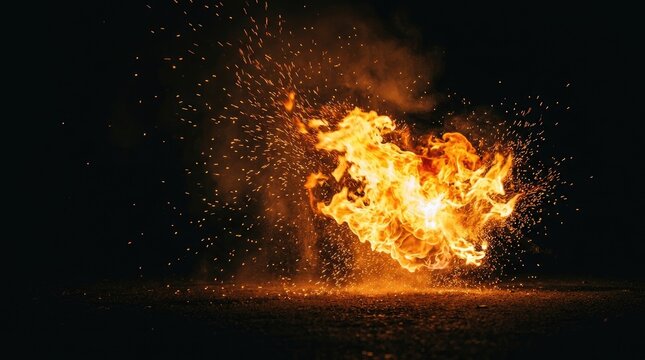 A massive explosion of intense orange and yellow flames erupts against a dark background. Sparks and embers scatter throughout the air, creating a dynamic and dramatic visual effect.
