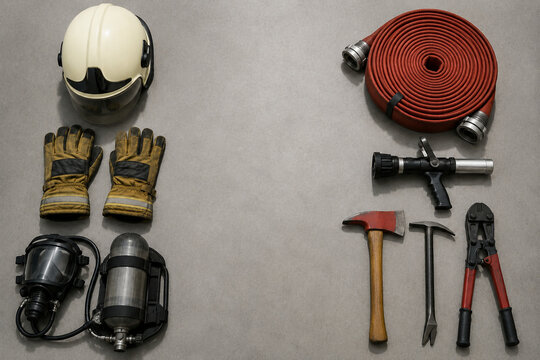 Firefighting Rescue Equipment Flat Lay With Helmet and Hose