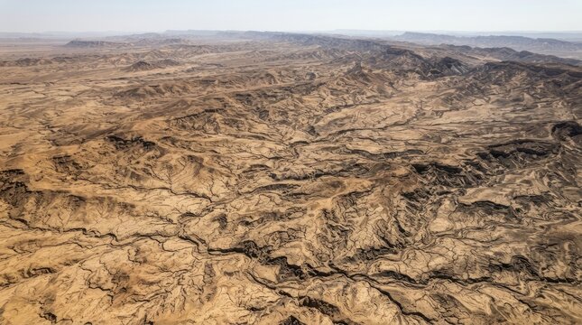 An aerial view showcases a vast, arid desert landscape. Deep, intricate ravines and ridges dominate the terrain, sculpted by centuries of erosion.