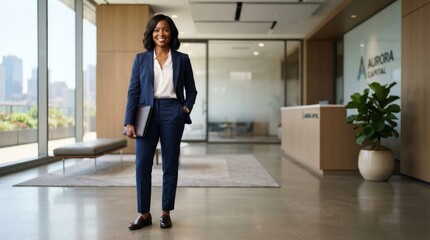 Fototapeta premium A confident Black woman stands in a modern office space. She wears a navy blue suit, a white blouse, and brown leather shoes.