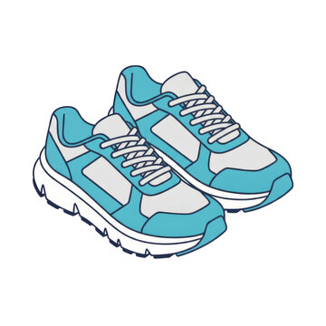 Isometric blue and white running shoes and sport sneakers with laces, isolated on a transparent background